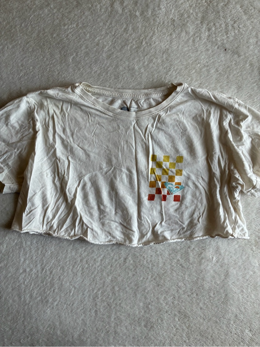 Y2K Roxy Cream Crop Tee with Yellow, Red and Light Blue Checker Graphic